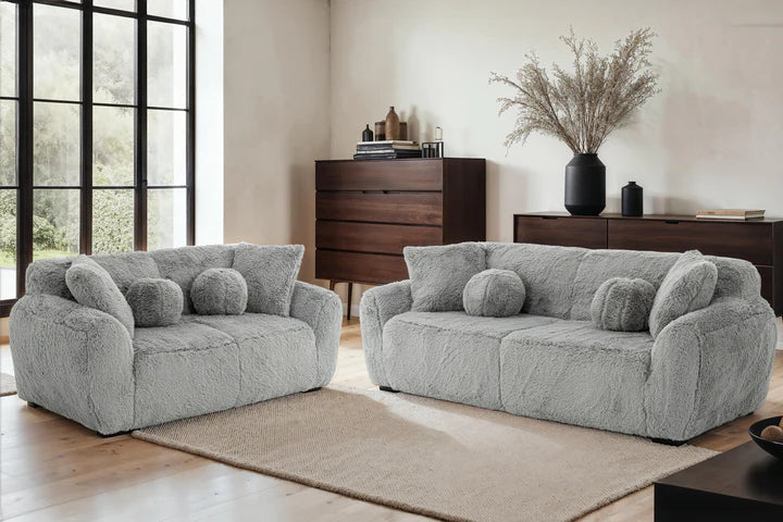 Faux Fur Grey 3 + 2 Seater Sofa Set CARAMELLO GOMMOSA