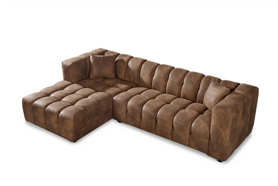 Faux Leather Suede Brown Left Hand Facing Corner Sofa with Ottoman TRANQUILLITÀ