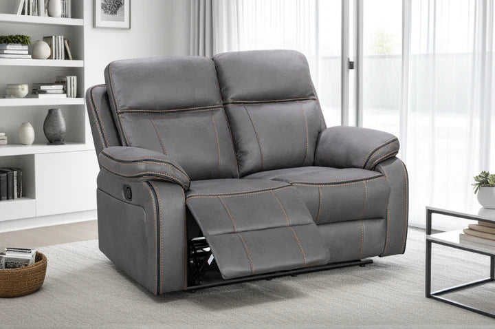 Faux Leather Grey 2 Seater Manual Recliner Sofa with Contrast Stitching ELEGANZA