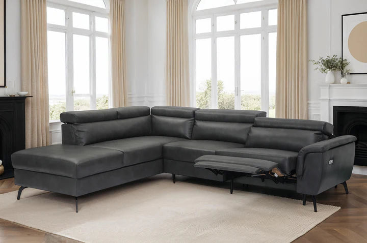 Faux Leather Grey Left Hand Facing Reclining Corner Sofa with Storage TRIONFO