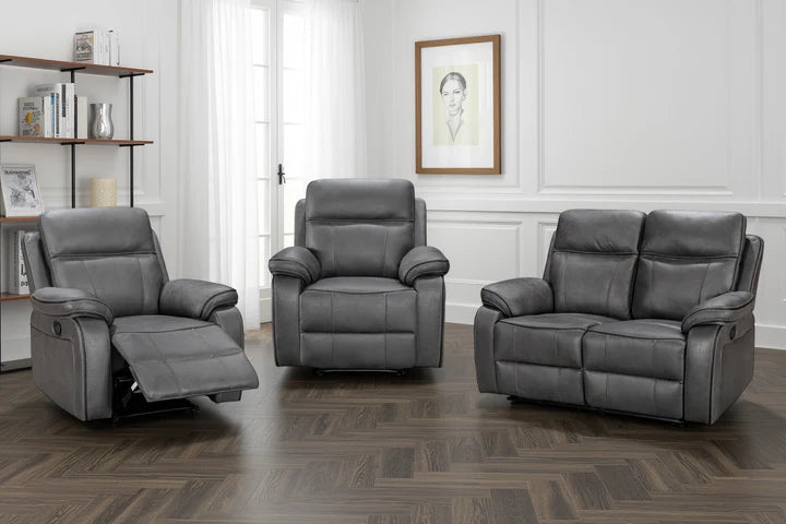 Faux Leather Grey 3 + 1 + 1 Seater Manual Recliner Sofa Set ELEGANZA