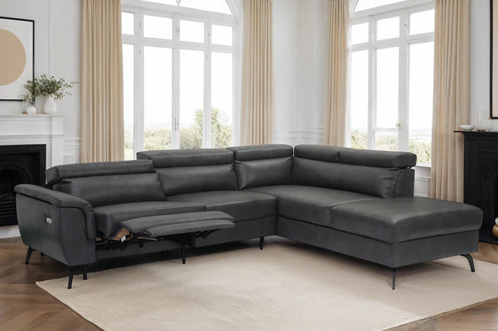 Faux Leather Grey Right Hand Facing Reclining Corner Sofa with Storage TRIONFO