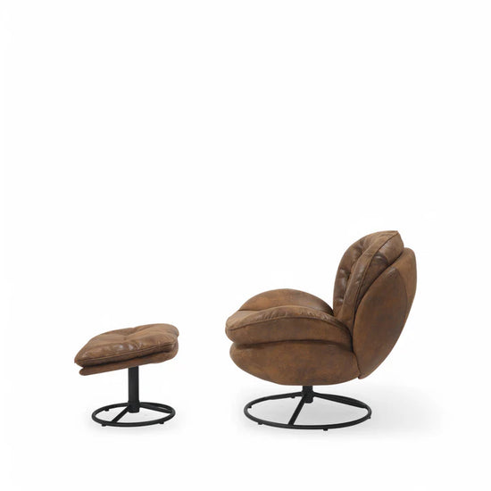 Faux Leather Suede Brown Azura Swivel Accent Chair with Footstool