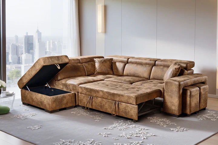Faux Leather Suede Brown 1C2 Corner Sofabed with Storage and Ottomans STILE