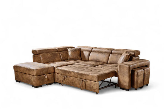 Faux Leather Suede Brown 1C2 Corner Sofabed with Storage and Ottomans STILE