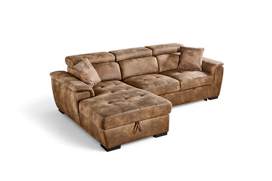 Faux Leather Suede Brown 1C2 Corner Sofabed with Storage DISCENDENTE DI WILL