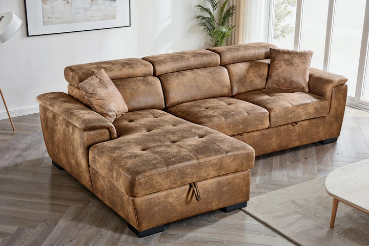 Faux Leather Suede Brown 1C2 Corner Sofabed with Storage DISCENDENTE DI WILL