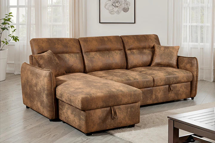 Faux Leather Suede Brown 1C2 Corner Sofabed with Storage CORAGGIOSO