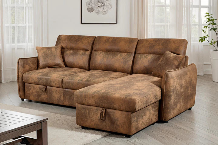 Faux Leather Suede Brown 2C1 Corner Sofabed with Storage CORAGGIOSO
