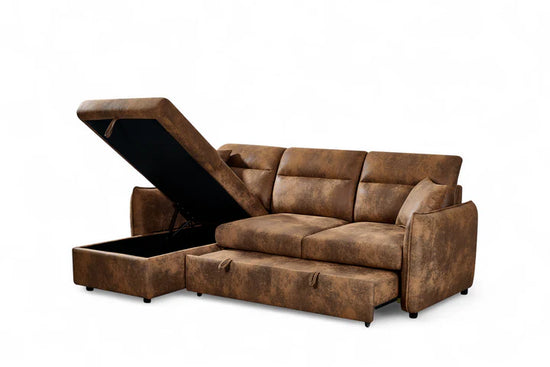 Faux Leather Suede Brown 1C2 Corner Sofabed with Storage CORAGGIOSO