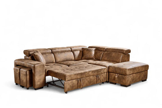 Faux Leather Suede Brown 2C1 Corner Sofabed with Storage and Ottomans STILE