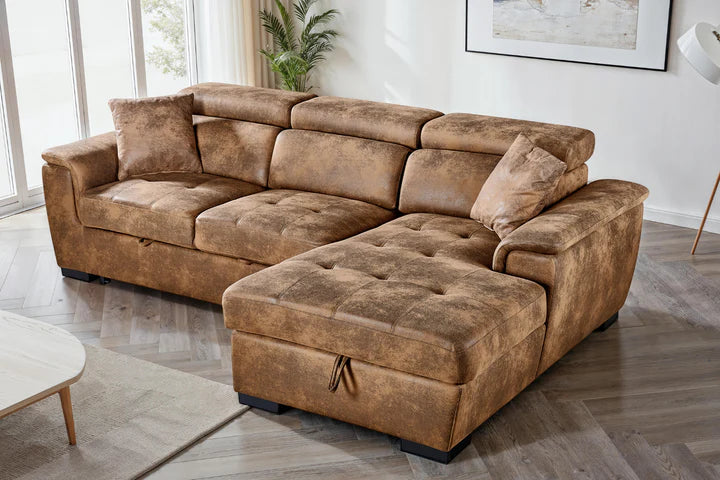 Faux Leather Suede Brown 2C1 Corner Sofabed with Storage DISCENDENTE DI WILL