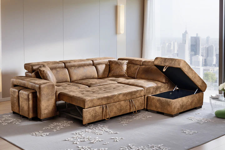 Faux Leather Suede Brown 2C1 Corner Sofabed with Storage and Ottomans STILE
