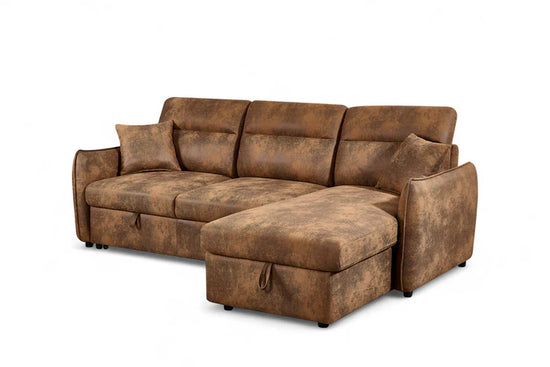 Faux Leather Suede Brown 2C1 Corner Sofabed with Storage CORAGGIOSO