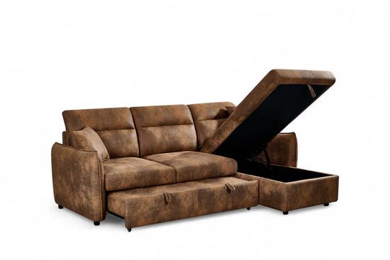 Faux Leather Suede Brown 2C1 Corner Sofabed with Storage CORAGGIOSO