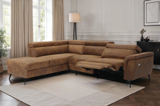 Faux Leather Suede Brown Left Hand Facing Reclining Corner Sofa with Storage TRIONFO