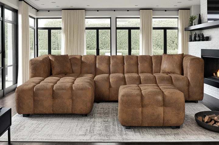 Faux Leather Suede Brown Left Hand Facing Corner Sofa with Ottoman TRANQUILLITÀ