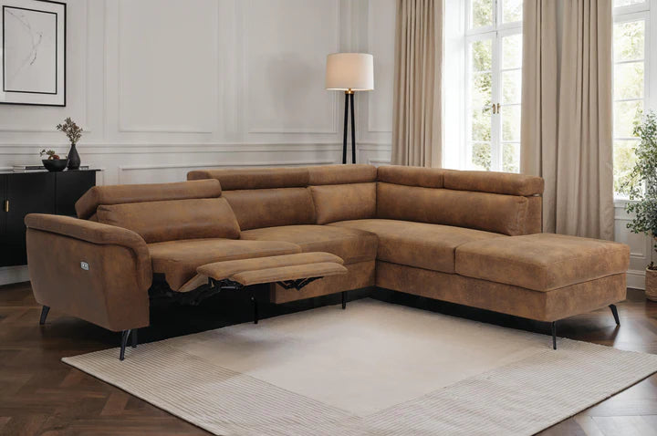 Faux Leather Suede Brown Right Hand Facing Reclining Corner Sofa with Storage TRIONFO