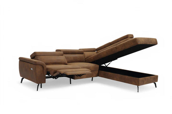 Faux Leather Suede Brown Right Hand Facing Reclining Corner Sofa with Storage TRIONFO