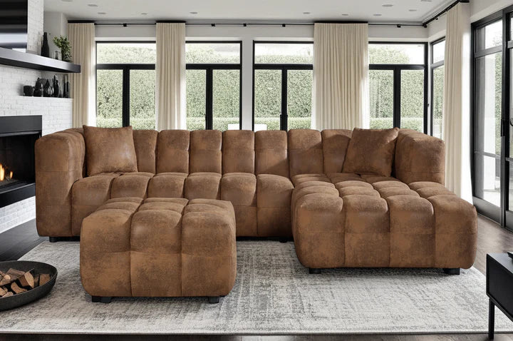 Faux Leather Suede Brown Right Hand Facing Corner Sofa with Ottoman TRANQUILLITÀ