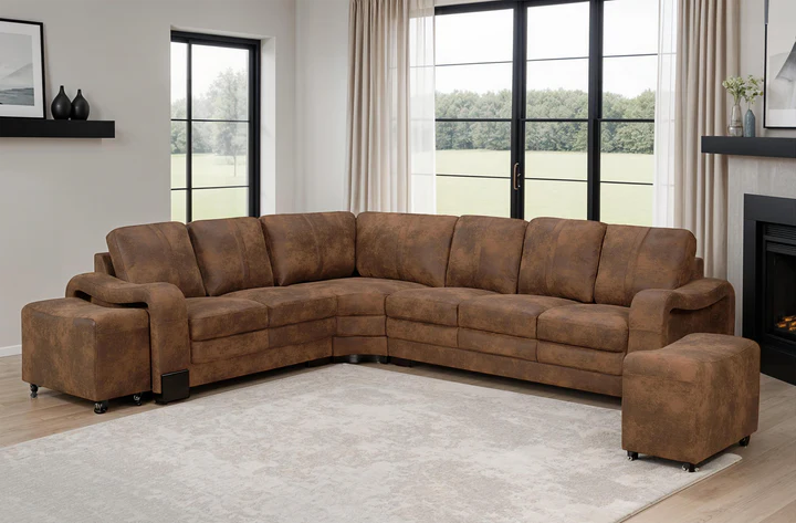 Faux Leather Suede Brown 2C3 Corner Sofa with 2 Ottomans FORTE