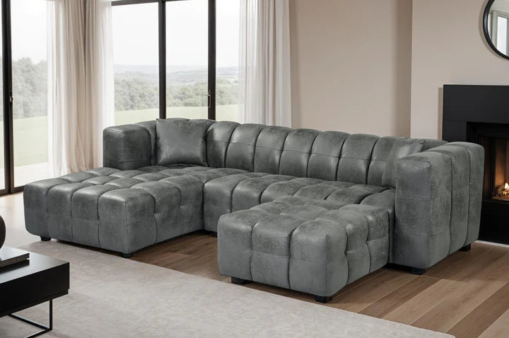 Faux Leather Suede Grey Left Hand Facing Corner Sofa with Ottoman TRANQUILLITÀ