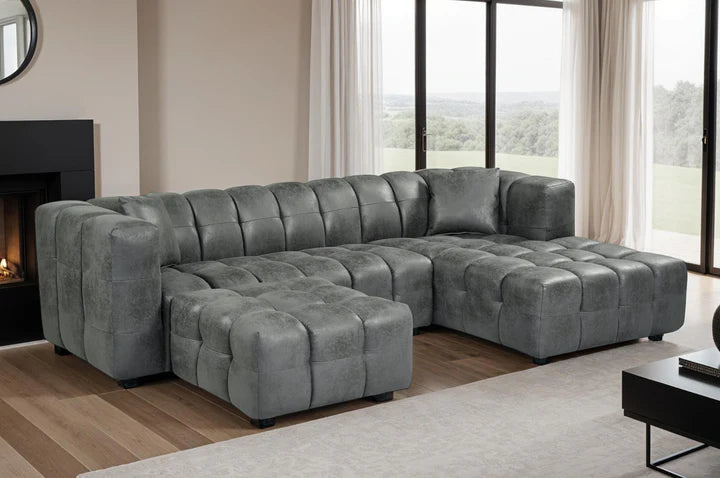 Faux Leather Suede Grey Right Hand Facing Corner Sofa with Ottoman TRANQUILLITÀ