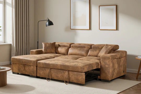 Faux Leather Suede Brown 1C2 Corner Sofabed with Storage NOBILE