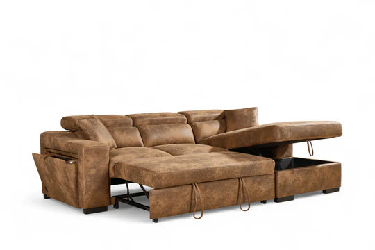 Faux Leather Suede Brown 2C1 Corner Sofabed with Storage NOBILE