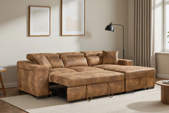 Faux Leather Suede Brown 2C1 Corner Sofabed with Storage NOBILE