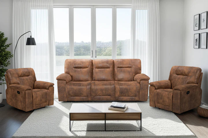 Faux Leather Suede Brown 3 + 1 + 1 Seater Manual Recliner Sofa Set CHAISE