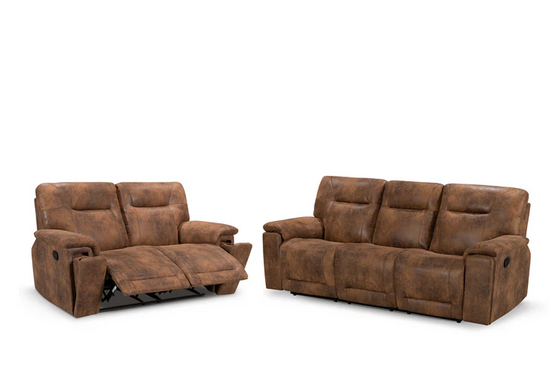 Faux Leather Suede Brown 3 + 2 Seater Manual Recliner Sofa Set CHAISE