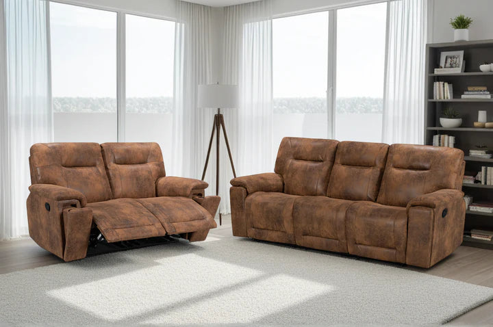 Faux Leather Suede Brown 3 + 2 Seater Manual Recliner Sofa Set CHAISE