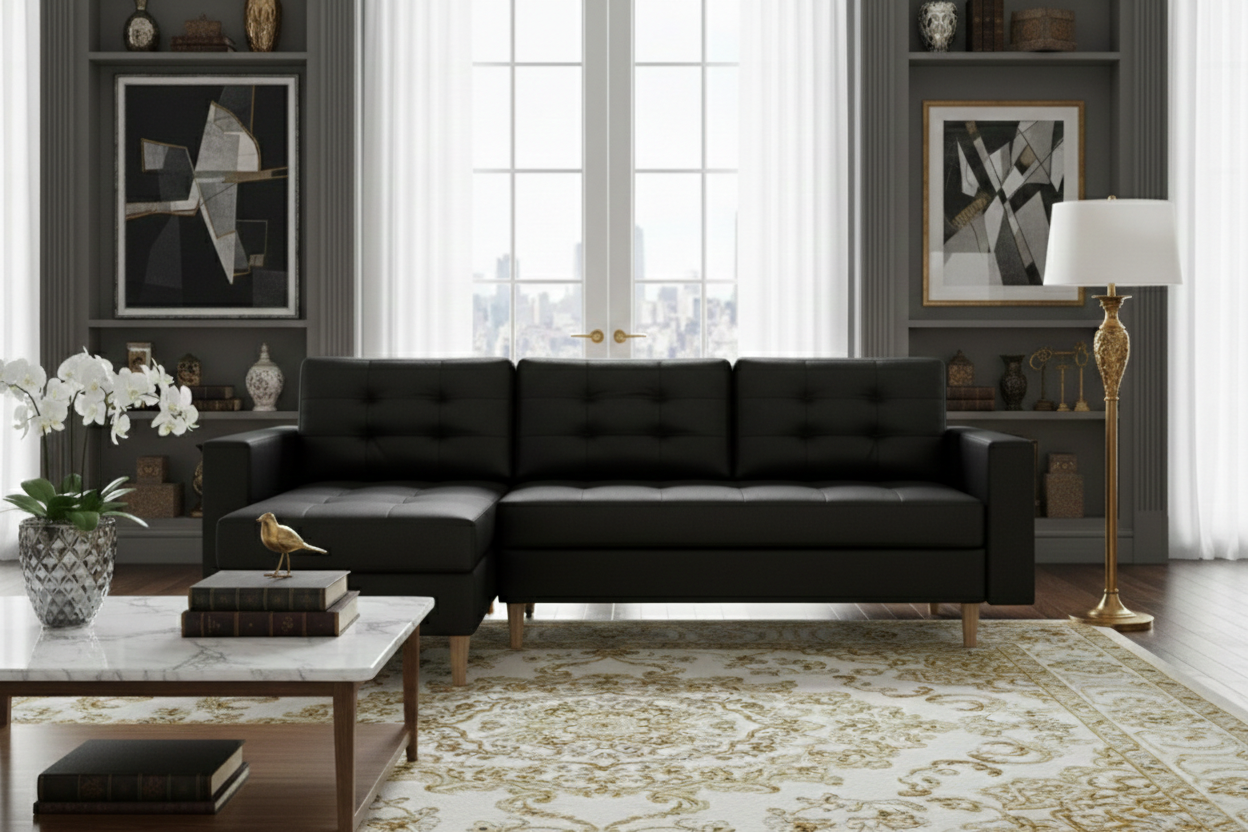 Black Faux  leather Ana Corner Sofabed