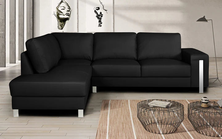 Genuine Leather Black Left Hand Facing Corner Sofa ELEGANZA