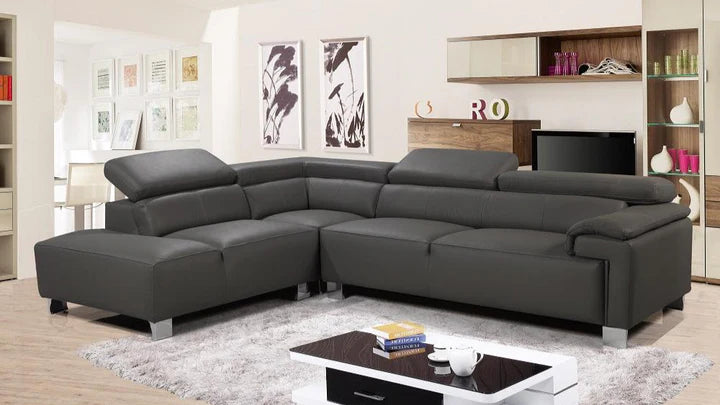 Genuine Leather Mid Grey Left Hand Facing Corner Sofa VENTO