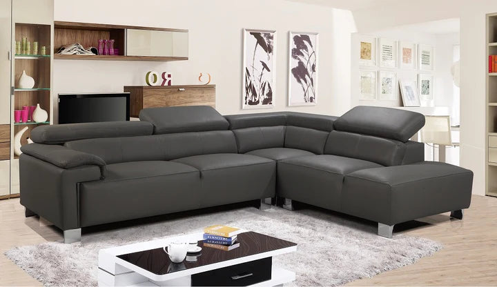 Genuine Leather Mid Grey Right Hand Facing Corner Sofa VENTO