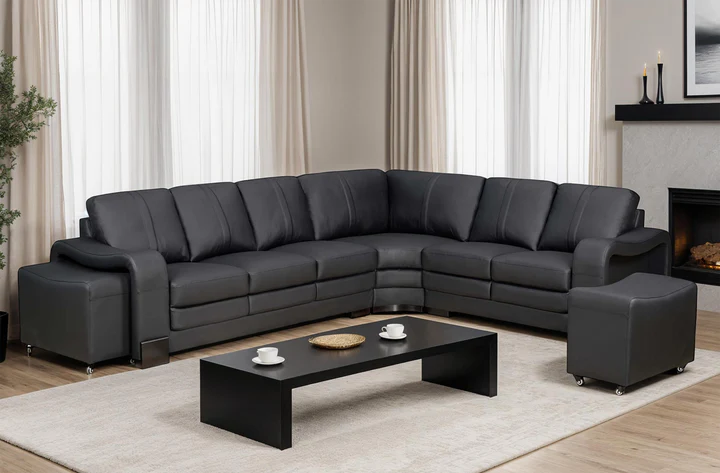 Genuine Leather Black 3C2 Corner Sofa with 2 Ottomans FORTE