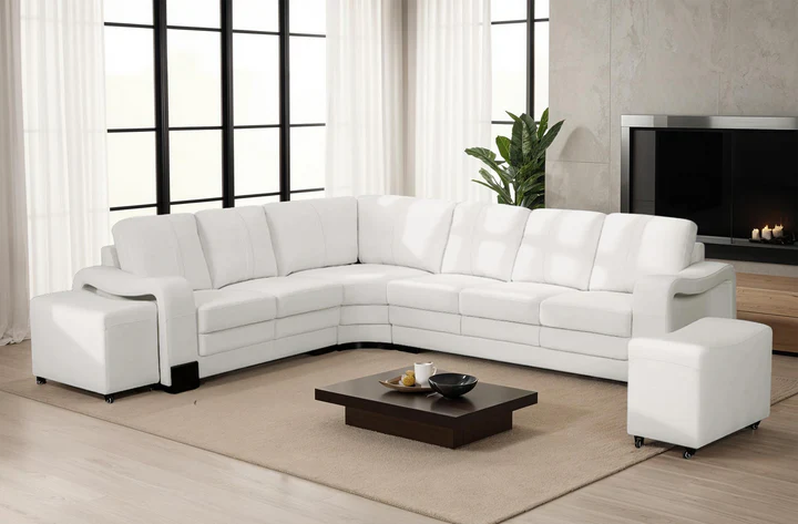 Genuine Leather White 2C3 Corner Sofa with 2 Ottomans FORTE
