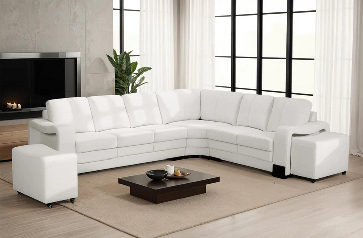 Genuine Leather White 3C2 Corner Sofa with 2 Ottomans SAN FORTE