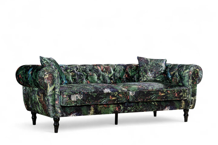 Green Nature Pattern Patchwork 3 Seater Chesterfield Sofa FORZA