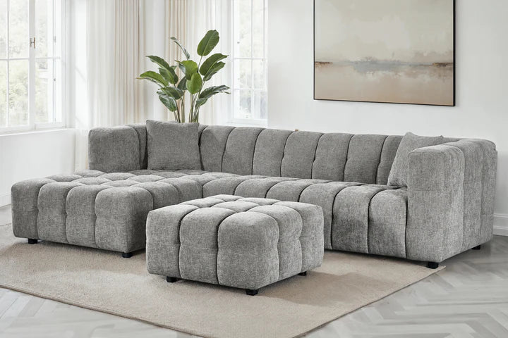 Grey Chenille Fabric Left Hand Facing Corner Sofa with Ottoman TRANQUILLITÀ