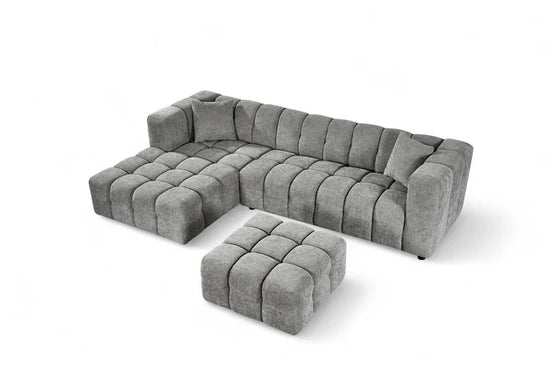 Grey Chenille Fabric Left Hand Facing Corner Sofa with Ottoman TRANQUILLITÀ