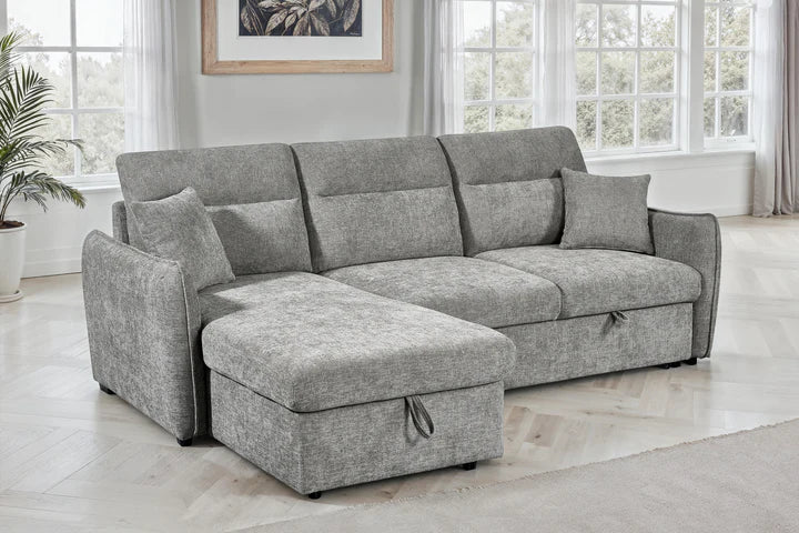 Grey Chenille Fabric 1C2 Corner Sofabed with Storage CORAGGIOSO