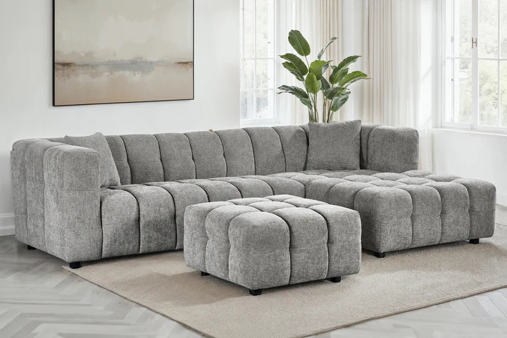 Grey Chenille Fabric Right Hand Facing Corner Sofa with Ottoman TRANQUILLITÀ