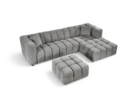 Grey Chenille Fabric Right Hand Facing Corner Sofa with Ottoman TRANQUILLITÀ