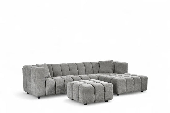 Grey Chenille Fabric Right Hand Facing Corner Sofa with Ottoman TRANQUILLITÀ