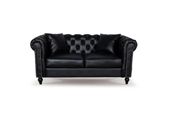 Faux Leather Black 2 Seater Chesterfield Sofa With Wooden Feet MODERNO