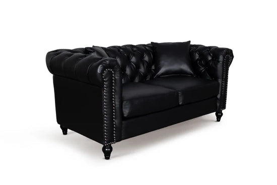 Faux Leather Black 2 Seater Chesterfield Sofa With Wooden Feet MODERNO