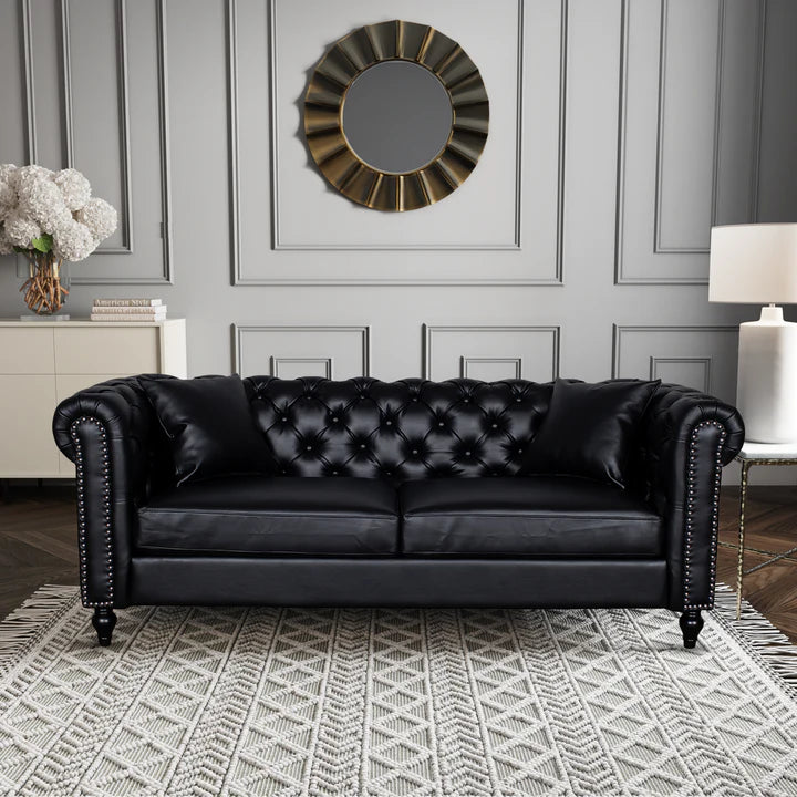 Faux Leather Black 3 Seater Chesterfield Sofa With Wooden Feet MODERNO